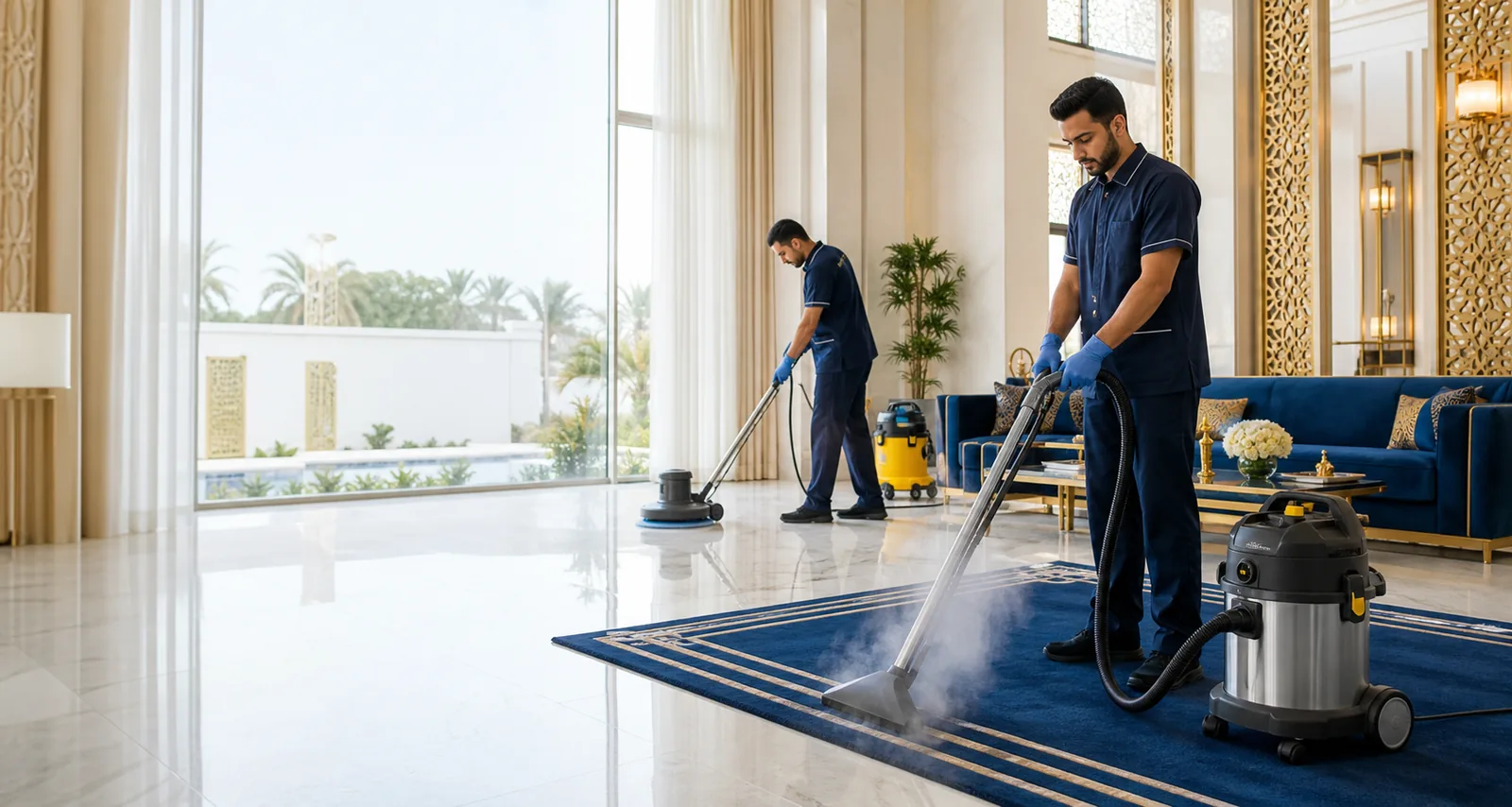 فريق رجال متخصص من شركة الخدمات الملكية أثناء تنظيف فيلا فاخرة بمعدات حديثة